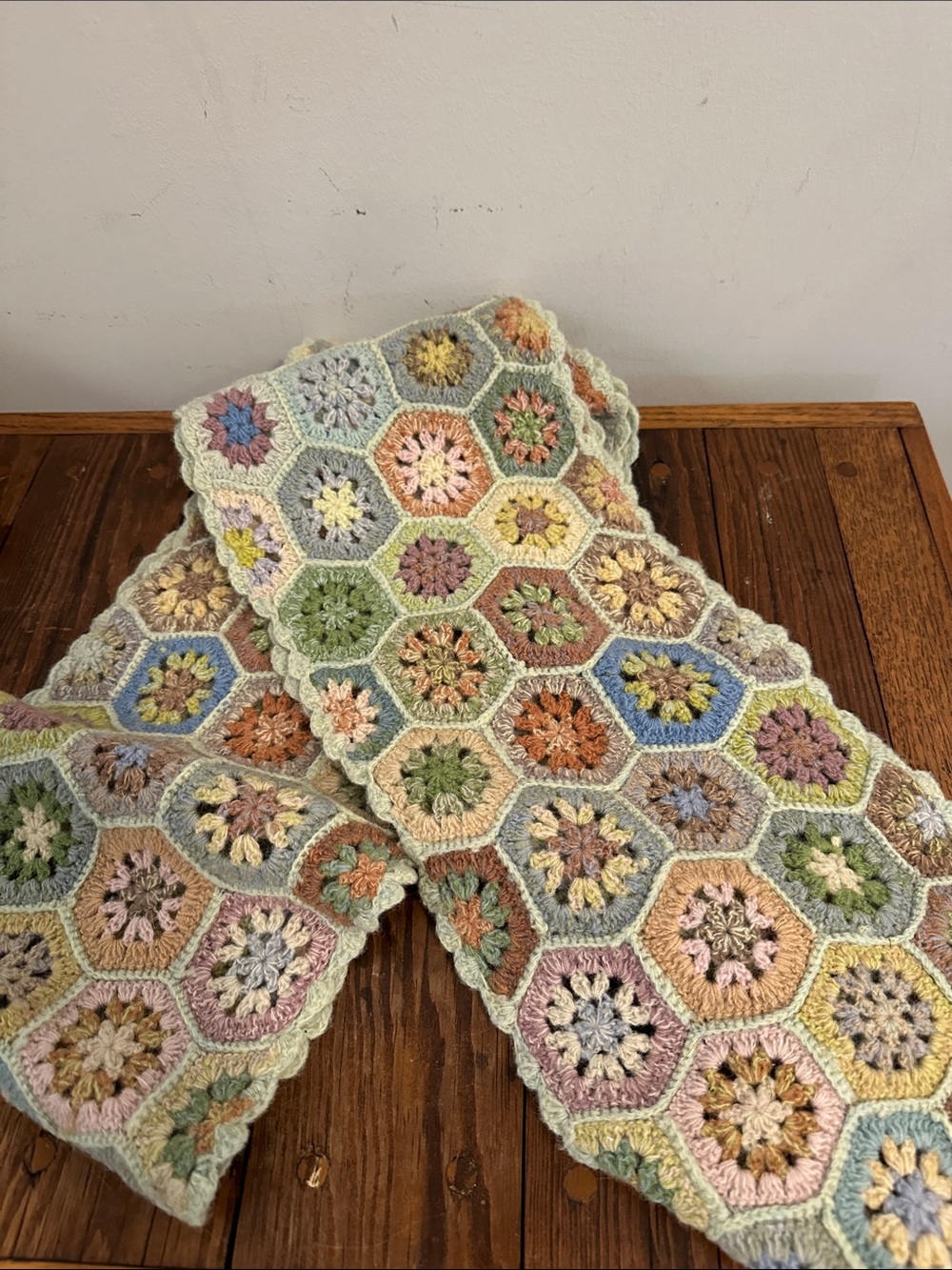 Garnet Hill 100% wool Pastel Hexagon Crochet - Handcrafted Multicolor Scarf